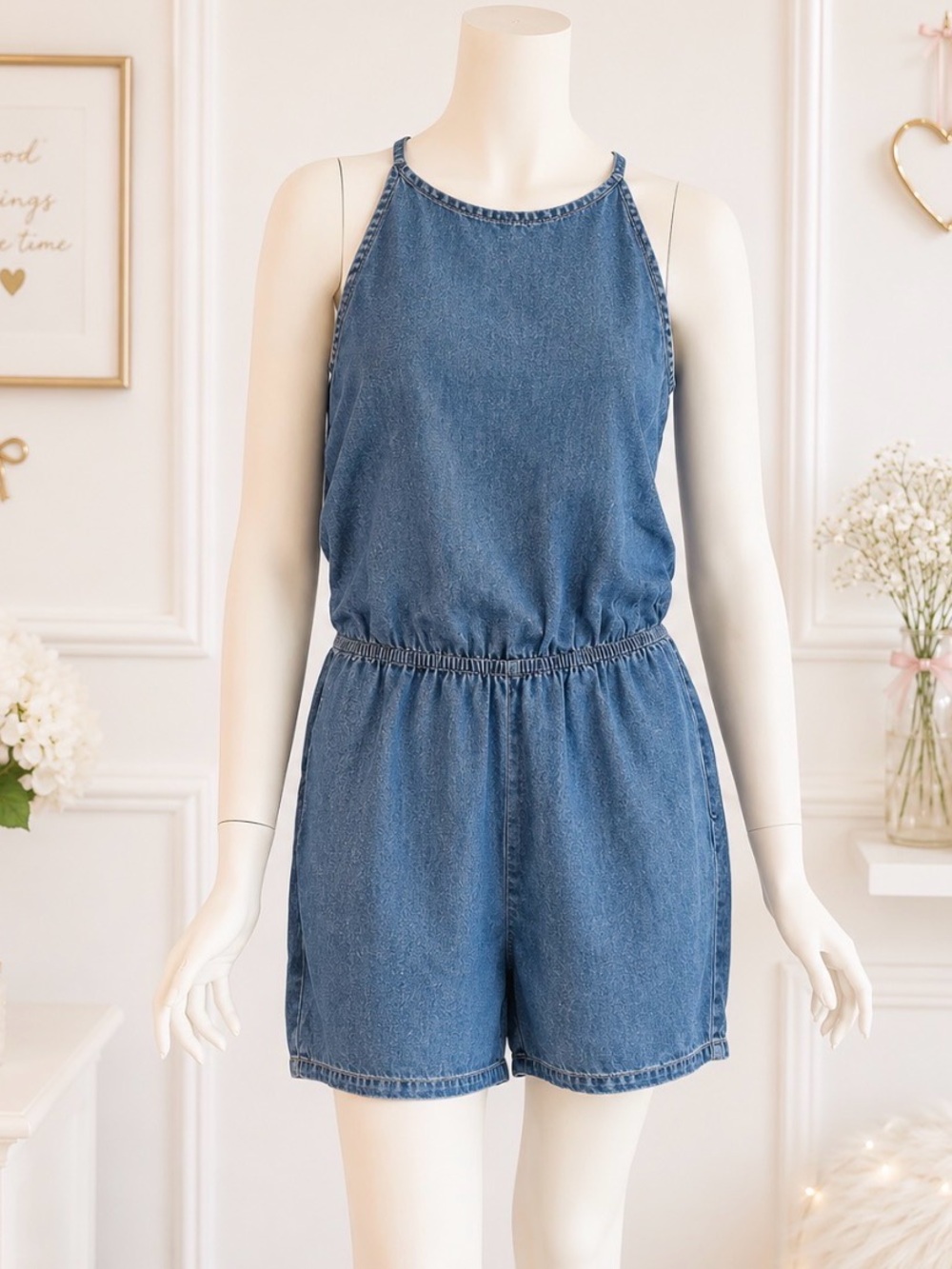 NWT Ci-Sono Med Wash Denim Blue Halter Top Romper